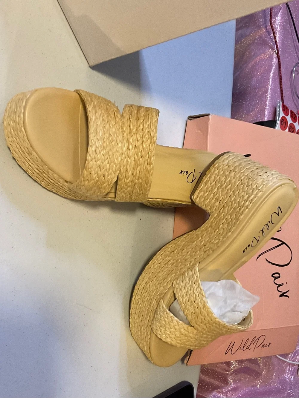 Shoes 6 - Wild Pair Yellow Braided Wedge Slide Sandals